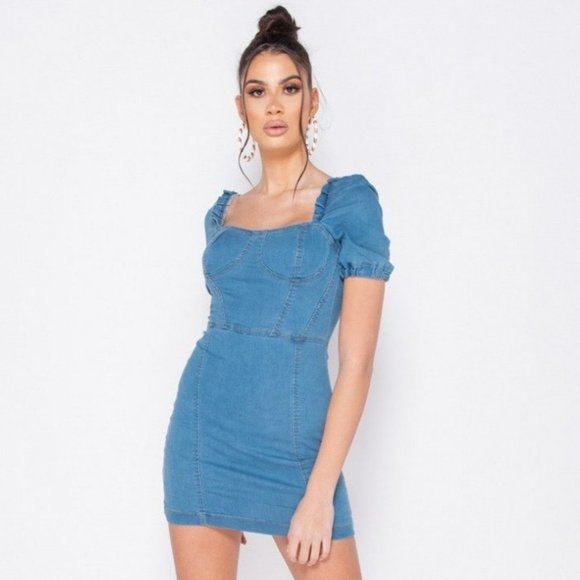Blue Denim Jeans Short Sleeve Bodycon Mini Dress - Picture 5 of 15
